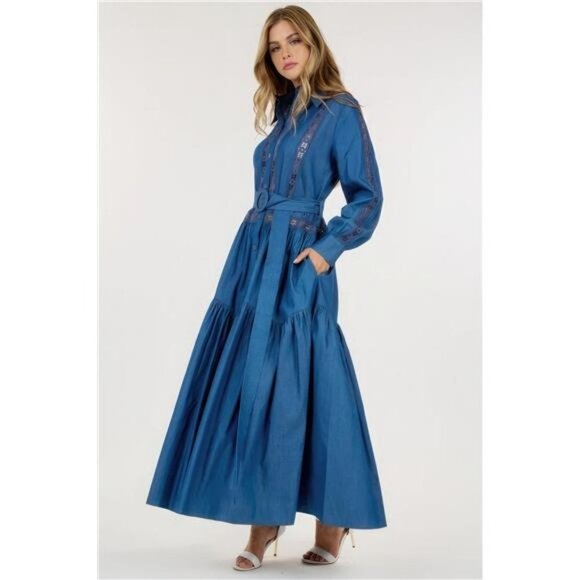 Long Sleeve Maxi Dress/ Lace Detailing/ With Belt- Denim Color - Picture 3 of 6